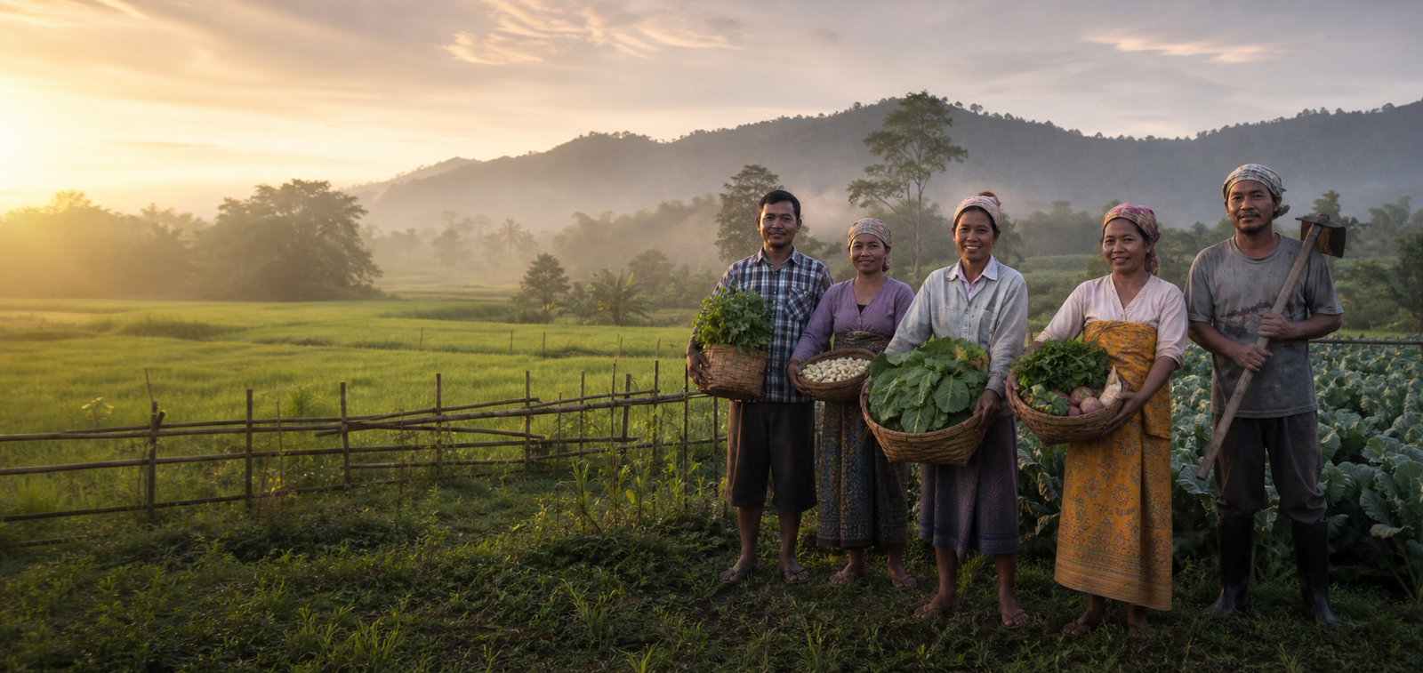 Farmers standing together with fresh produce beside green fields in Assam